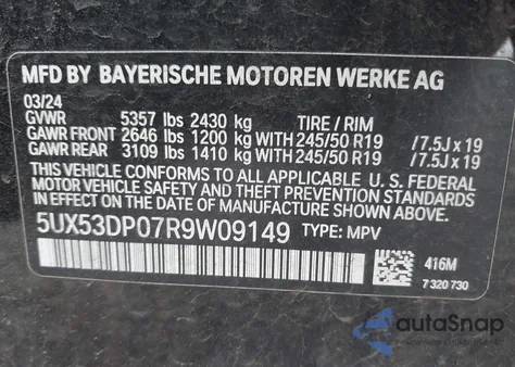 2024 BMW X3 xDrive30I z USA, uszkodzony, nr VIN 5UX53DP07R9W09149